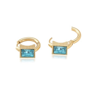 Gold huggie hoop earrings with rectangular blue gemstones and textured wave pattern design