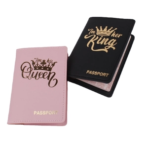 Pink and black faux leather passport covers with gold King and Queen crown printing