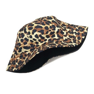 Close-up of leopard print bucket hat showing detailed stitching and durable twill fabric