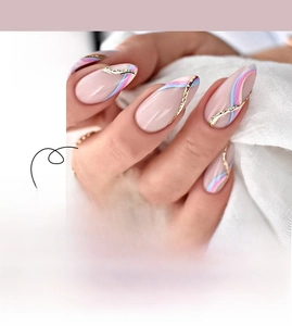 Detail of almond-shaped nails featuring colorful rainbow wave patterns and gold glitter lines