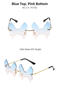 Detail view of rimless butterfly sunglasses with blue and pink gradient lenses
