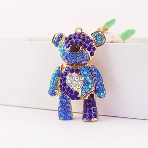 Colorful crystal bear keychain with heart pattern on golden base for bags or car keys