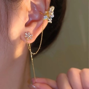 Gold butterfly flower ear cuff with zircon micro-paving and long chain tassel earrings