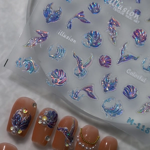 3D embossed mermaid scale and seashell nail art stickers with laser finish M-116