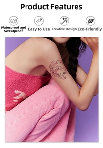 Detail of cute Y2K cat temporary tattoo with pink ribbon shown on skin with product features