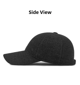 Side angle view of winter wool baseball cap showing textured fabric and M logo detail