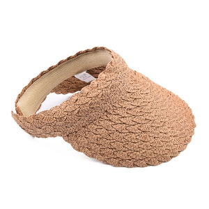 Handwoven khaki open top straw sun hat with wavy brim and scallop knit design for women
