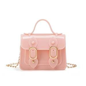 Pink jelly mini handbag with dual gold buckles and elegant chain shoulder strap