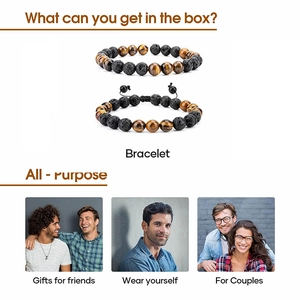 Detail view of 8mm tiger eye and lava stone bracelets showing textures and gift packaging