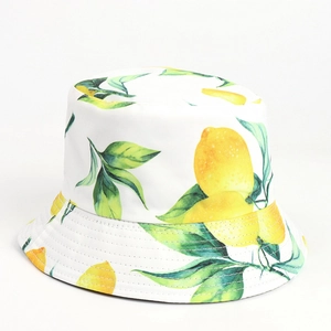 Detail shot of lemon print bucket hat with precise parallel stitching on the white brim