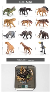 Size chart and weight details for 12pcs prehistoric forest animal figurines set