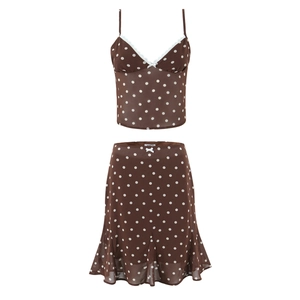Polka Dot Camisole Top And Ruffled Hem Skirt Retro Backless Lace Trim V Neck Brown Chiffon Style Women
