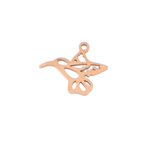 Polished rose gold hollow hummingbird pendant made of stainless steel on white background