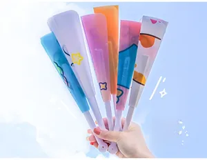 Portable cartoon folding fans in candy colors shown against a bright blue sky background