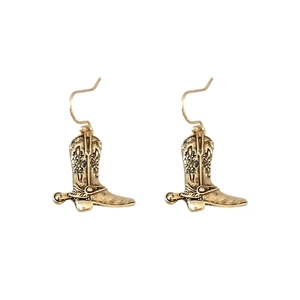 Vintage golden metal cowboy boot drop earrings with intricate engraved detailing and spurs
