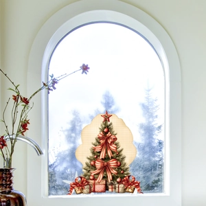 Christmas tree window decal with red bows and gift boxes on frosted glass scenery