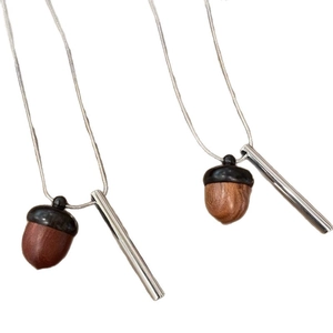 Creative wooden acorn pendant necklace with silver metal bar on a minimalist chain