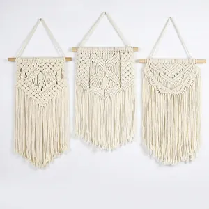 Boho Macrame Wall Hanging Handmade Cotton Rope Woven Tapestry With Wooden Stick Tassel Art Decor For Living Room