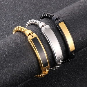 Three variants of men's curved bar bracelets in gold, silver, and black polished steel