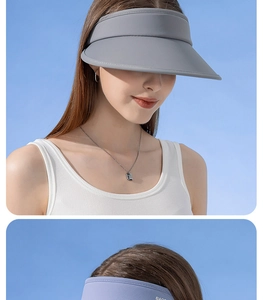 Close-up of gray UPF50+ visor showing side logo and breathable quick-dry fabric texture