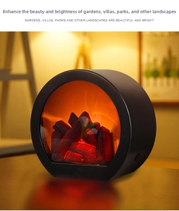 Macro shot of circular LED fireplace lamp with realistic flame effect and black matte shell