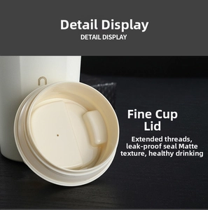 Macro detail of leakproof coffee mug lid with extended screw thread and matte texture