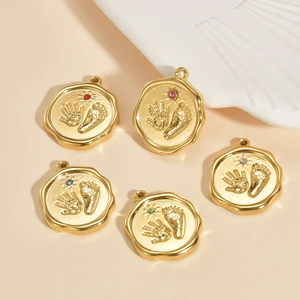 Golden stainless steel baby handprint and footprint pendants with colorful stones