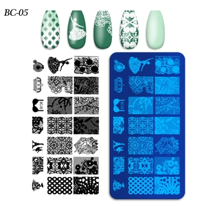 Detailed BC-05 nail stamping plate with floral lace patterns and finished nail art samples