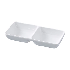 White melamine rectangular 2-compartment dipping sauce dish for catering and hotpot use