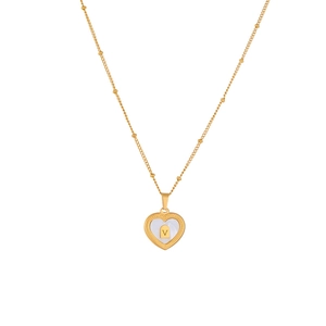 Collier Pendentif Cœur Plaqué Or Acier Titane Nacre Lettre V Chaîne Clavicule Élégante Pour Femmes