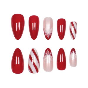 Christmas almond false nails with red white stripes and delicate snowflake patterns