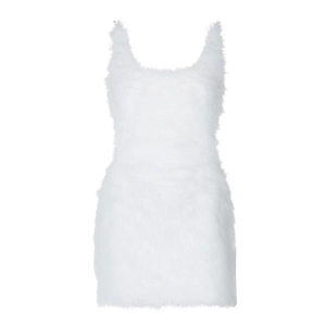 Detail shot of the white plush fabric texture on a backless bodycon dress with a U-neck