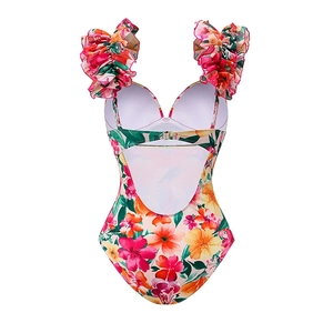 Back view of floral one-piece swimsuit featuring ruffled straps and a U-shaped open back