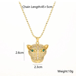 18K gold plated leopard head necklace with green eyes and white zircon inlay details