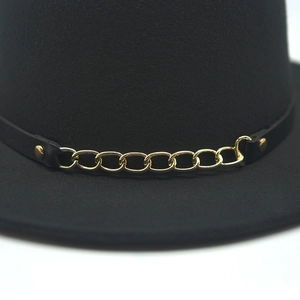 Black wool felt fedora with a black leather band and chunky gold chain detail