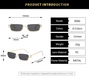 Detailed dimension guide for metal half-frame square sunglasses including lens and frame width