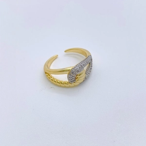 Elegant gold open ring with twisted double-line design and sparkling zircon accents