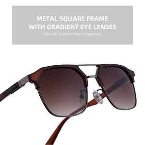 Detail of square metal frame sunglasses with brown gradient lenses and nose pads