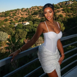 Elegant white strapless lace patchwork corset dress with a slim-fit pencil skirt design