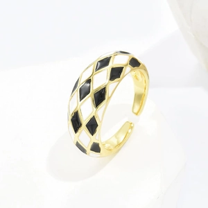 Anello In Smalto A Scacchi A Rombi Rame Placcato Oro 18K Geometrico Aperto Regolabile Gioielli Da Dito Donna
