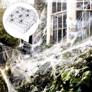 Stretchable white spider web Halloween decoration set with black plastic spiders for party