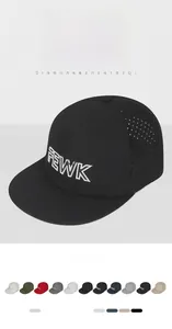 Detail of laser-cut side perforations for breathability on black hip hop flat brim cap