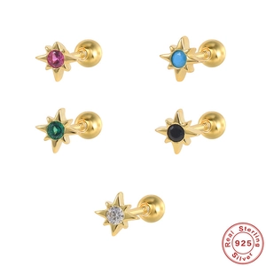 Octagonal Starburst Screw Back Earring 18K Gold Plated 925 Sterling Silver Cubic Zirconia Minimalist Tiny Cartilage Piercing