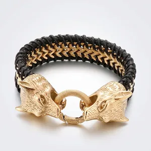 Double Wolf Head Braided Leather Bracelet Stainless Steel Retro Punk Biker Jewelry For Men