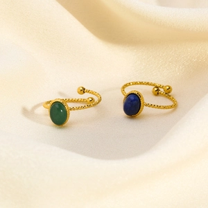 Minimalist 18K gold plated open rings set with green and blue oval natural stones