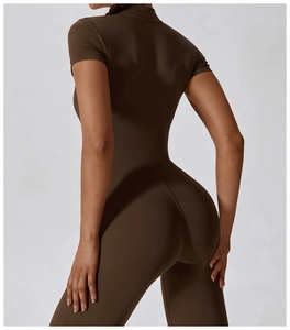 Close-up of the form-fitting back view and lifting effect of the brown yoga bodysuit