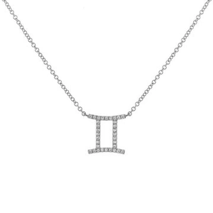 Detailed view of silver Gemini zodiac pendant necklace with sparkling zircon crystals