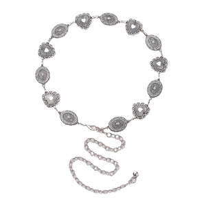 Vintage silver heart and oval hollow waist chain belt with intricate embossed patterns
