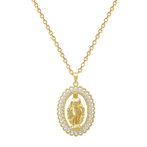 Golden titanium steel necklace with oval Virgin Mary pendant and sparkling crystals
