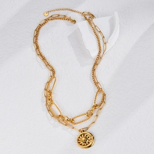 Double-layered 18K gold plated stainless steel necklace with sun and moon pendant